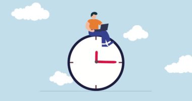 4k animasyon. Çalışma saatleri dışında, kendine güvenen iş adamı bilgisayarlı dizüstü bilgisayar kullanıyor. Gece geç saatlere kadar başka bir ülkedeki meslektaşıyla çalışıyor.