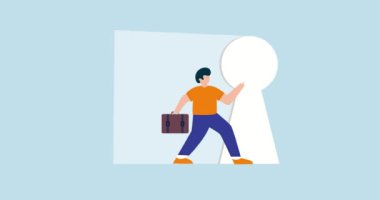 Başarının Sırrı 'nın 4k animasyonu. Meraklı işadamı parlak anahtar tutucusuna uzanıp iş hedefine ulaşmak için yürümeye başlıyor..