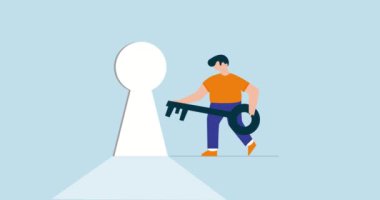 Başarının anahtarının 4k animasyonu. Güven işadamı altın anahtarı elinde tutuyor ve hedefe ulaşmak için anahtar deliğini açmak için koşuyor