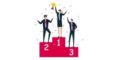 Kadın liderinin 4k animasyonu, zeki kadın takım lideri birinci şampiyon kupa ile başarı yarışmasını kutluyor.