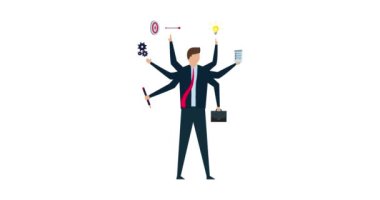 Çalışma verimliliğinin ve verimliliğinin 4k animasyonu, üretken araçlara sahip çok elli akıllı iş adamı takvimi, çalar saat, kalem, hedef ok ve ampul.