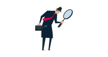 4k animasyon Arama, keşif, analiz raporu, meraklı dedektif büyük bir büyüteç tutuyor ve kanıt ve sonuç hakkında düşünüyor.