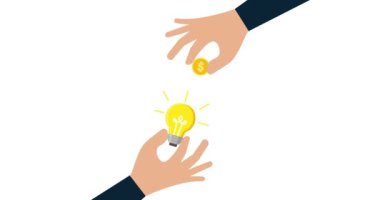 Kalabalık fonlarının 4k hareketli tasarımı, para kazanmak için şirket kurmak, yeni iş fikri ampulüne para veren işadamı eli.