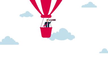 İş görüşünün 4k animasyonu, iş adamı sıcak hava balonuyla uçuyor teleskopla şirket vizyonundan görmek için..