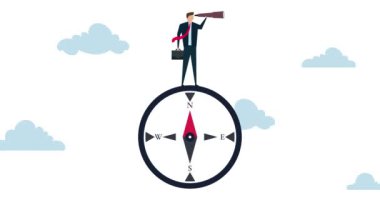 İş dünyasının 4k animasyonu. Liderlik vizyonlu, zeki iş adamı. Teleskop kullanarak ilerlemek için bir yol arayın..