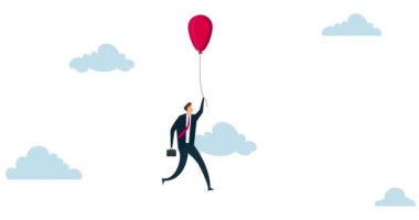 QE tarafından finanse edilen finansal balonun 4k animasyonu para konsepti, uçan balonu tutan iş adamı düşmekten korkuyor.