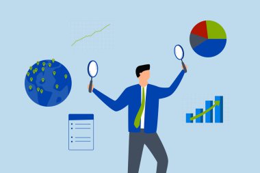 İş analizi, zeki iş adamı bir grafik ve çizelgeyi büyüteçle inceliyor..