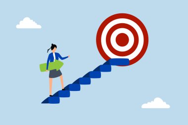 Kariyer yolu, kendine güvenen iş kadını hedefine ulaşmak için elinde okla merdivenlerden çıkar..