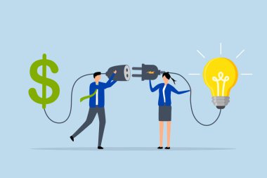 Girişimci ve girişimci şirket, iş adamı ve iş kadını için finansal destek bir ampul ve bir dolar işareti bağlıyor.