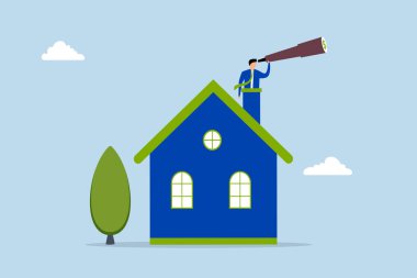 Gayrimenkul ve konut yatırım fırsatı, iş adamı teleskopla bir evin bacasına tırmandı vizyonunu daha iyi görebilmek için..