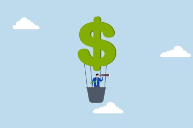 Ekonomik tahminlere göre, yatırımcı işadamı teleskoptan bakarken dolar işaretleriyle süslenmiş bir balonun üzerinde yüzüyor..