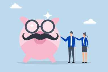 Emekli tasarruf planı, emekli yaşlı çift zengin yaşlı domuz kumbarasının yanında poz veriyor..