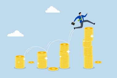 Maaş artışı, yükselen para yığınına atlayan neşeli iş adamı..