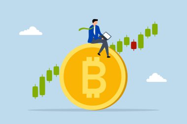 Bitcoin ve kripto para yatırımı, iş yatırımcısı bir bilgisayar kullanarak önemli Bitcoin platformunda şifreli para ticareti yapıyor, bir şamdan fiyat grafiği grafiği kullanarak.