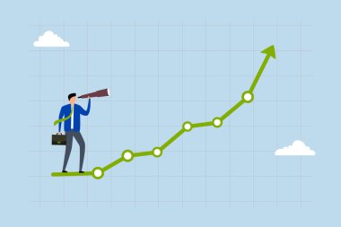 Yatırımın üst potansiyeli, İşadamı yatırım grafiğinin yükselişini gözlemlemek için teleskoptan bakıyor.