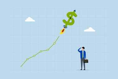 ABD dolarının değeri faiz oranı artışı nedeniyle yükseliyor, İşadamı yatırımcı dolar işaretinin döviz grafiğindeki bir roket gibi yükseldiğini gözlemliyor.