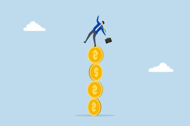 Finansal istikrarsızlık, iş adamı yatırımcı dengesiz madeni para yığınlarından düşüyor..