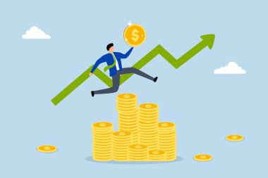 Başarı yatırımı, zengin işadamı yükselen bir trend grafiğiyle bozuk para yığınının tepesine sıçradı. 