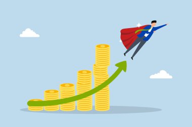 Para büyütme yatırımı artan kazanç, başarılı iş adamı para yığınları uçan süper kahraman.