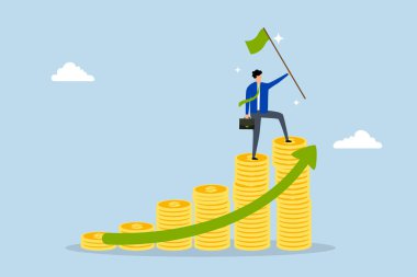 Finansal başarı, başarı bayrağı taşıyan bir işadamı bir yığın paranın üzerinde durmak borsa gelir fikrini simgeler.. 
