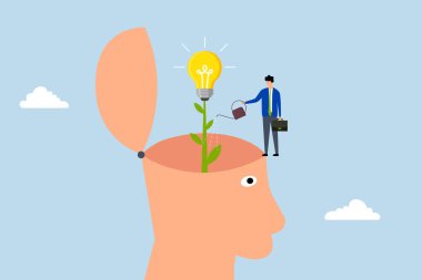 Yeni bir fikir geliştir, iş adamı parlak fikirlerle genç bitkileri besliyor.. 