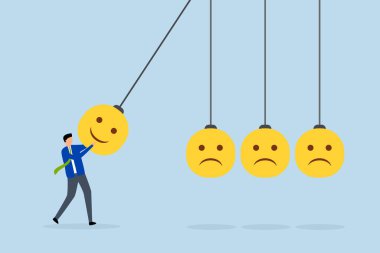 İyimser, gülümseyen bir yüz sarkaçlı top tutan adam diğer somurtkan yüzlere vurmak için. 