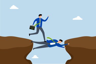 Becerikli iş adamı, diğerlerinin uçurumdan geçmesi için bir insan köprüsü görevi görüyor.. 