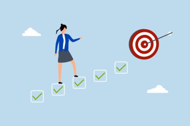 Kariyer başarısı için kişisel gelişim planı, iş kadını hedefe ulaşmak için bir merdiven gibi listeye yükseldi 