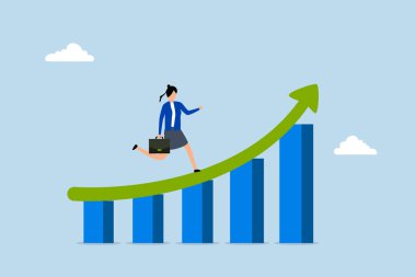 İş geliştirme, iş kadını performans artırıcı çubuk grafiğinde yukarı doğru ok atıyor. 