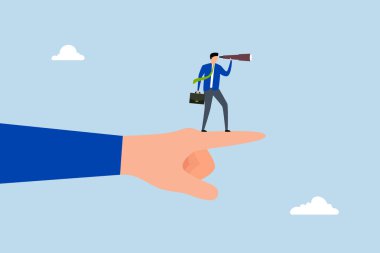 İş yönünü görme vizyonu, girişimci geleceği gözlemlemek için dürbünle büyük parmağını kullanıyor. 