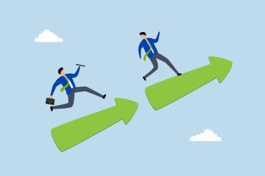 İş başarısı için takım çalışması, güvenilir girişimci yükselen ok üzerinde batondan meslektaşına ellerini uzattı. 