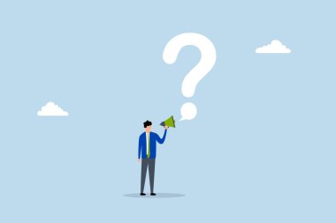 Cevap için soru sorun, büyük soru işareti içeren konuşma baloncuğu soran megafon kullanan girişimci. 