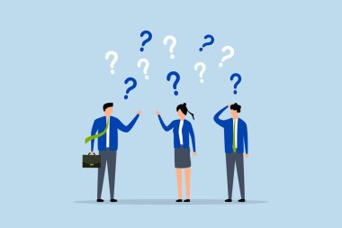 Kafası karışmış insanların kafa karışıklığı, iş adamı ve iş kadını sayısız karışık soru işaretleri.