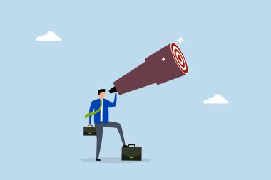 İş hedefi aranıyor, iş adamı hedefini ya da hedefini bulmak için teleskoptan bakıyor