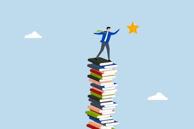 akıllı girişimci hedefe ulaşmak için kitap yığınına tırmanır ve hedefe ulaşır
