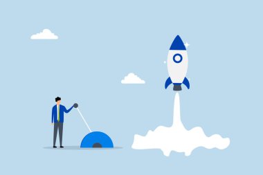 Kendi işinizi kurun, girişimci işadamı roketi havaya uçurmak için kolu çalıştırır 