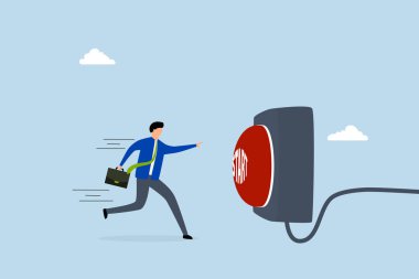 Yeni iş kurmak için başlama düğmesine basın, işadamı kırmızı başlatma düğmesine basmak için koşar