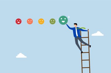 Müşteri memnuniyeti, genç adam coşkulu gülümseme geri bildirim derecesi sağlamak için merdiveni tırmanır. 