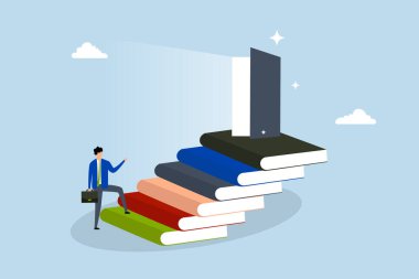 Yeni fırsatlar için öğrenme, girişimci kitap yığını merdiven tırmanır fırsat girişine ulaşır. 