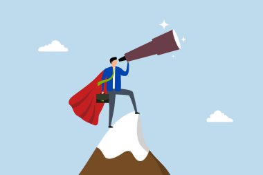 Başarıya giden yolculuğu görmek için iş görüşü, dağların zirvesinde gözcü teleskobu.