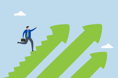 Başarmak için adım at, işadamı Zafer için ok merdiveninden çık.