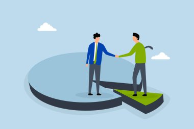 Hissedar ve işadamı, karı paylaşmak için pasta grafiğinde el sıkışırlar..