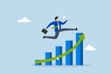 İleri sıçrayan işadamı, büyüyen grafiğin üzerinden atlıyor.