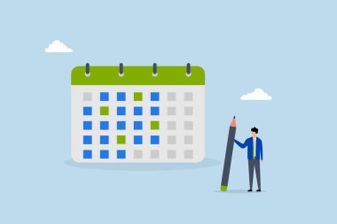 Takvim çizelgesi, iş adamı takvim çizelgesi ile kalem düşünme.