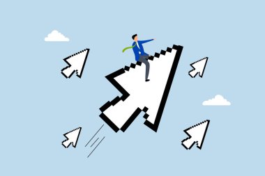 Dijital pazarlama, iş adamı düğmeye basmak için dijital piksel fare işaretçisine biniyor.