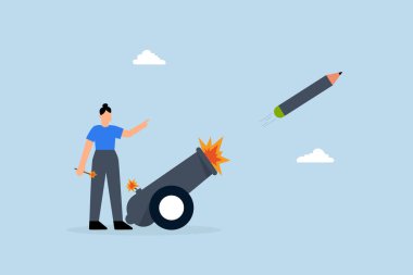 Yeni bir yaratıcılık fikri, motive olmuş yaratıcı bir kadın gökyüzüne kalem topu atarak yeni bir fikir başlatıyor.