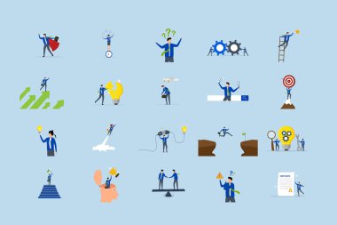 İş illüstrasyonları hazır. İş faaliyetlerine katılan erkek ve kadınların yer aldığı sahnelerin toplanması.