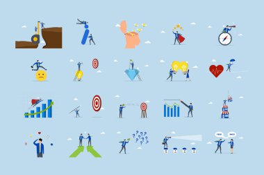 İş illüstrasyonları hazır. İş faaliyetlerine katılan erkek ve kadınların yer aldığı sahnelerin toplanması.