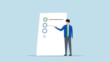 Tamamlanmış kontrol listesi, İşadamı 'nın 4k animasyonu proje listesini gözden geçirmek için bir kalem kullanıyor ve tamamlanmış olarak etiketlenmiş onay kutusunu işaretliyor.