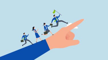 Liderlikten takım üyelerine, iş dünyasının liderinin 4k animasyonu bir grup iş adamının önünde koşup parmağını göstererek zafer bayrağı taşıyor..